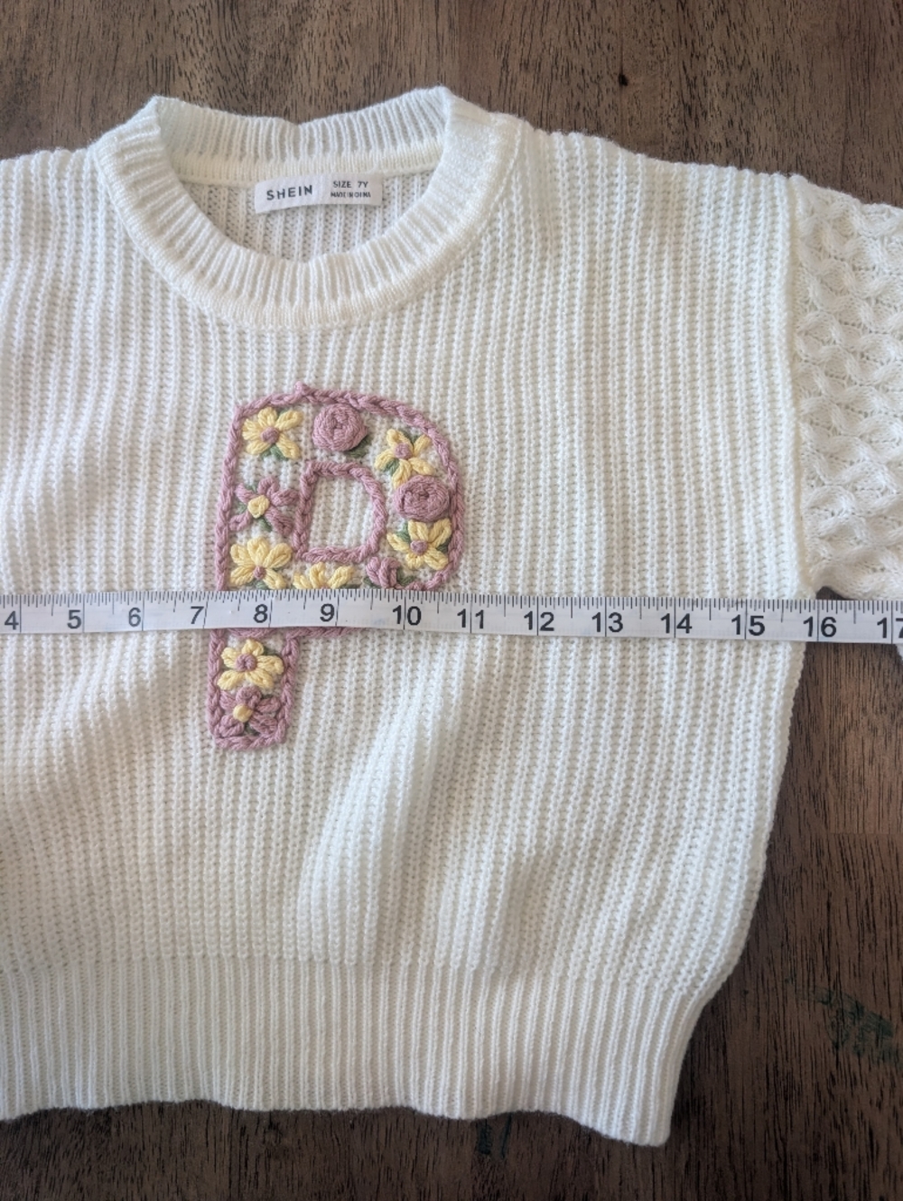 Cream Knit Sweater with Pink and Yellow Floral Patch Letter "P" - Picture 6 of 8